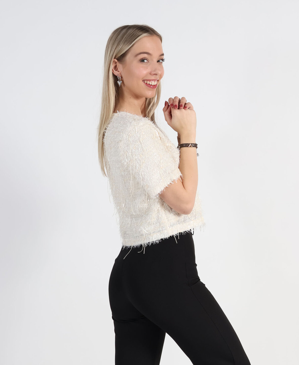 Feather Sequin Top Creme