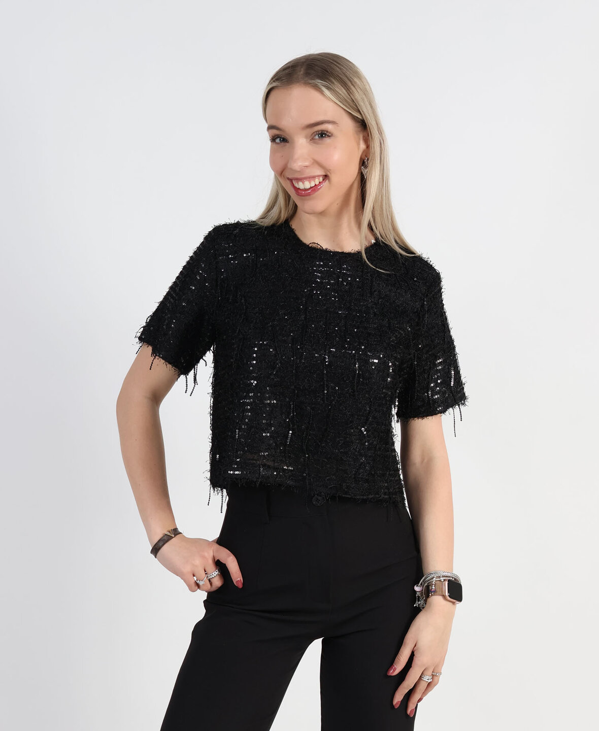 Feather Sequin Top Black